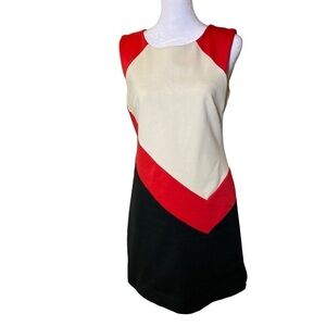 MAX & CLEO women's size 6 sleeveless colorblock red black creme sheath dress